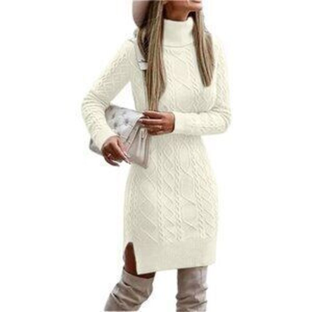 Women's Cable Knit Sweater Dress Bodycon Long Sleeve Turtleneck Mini Dress